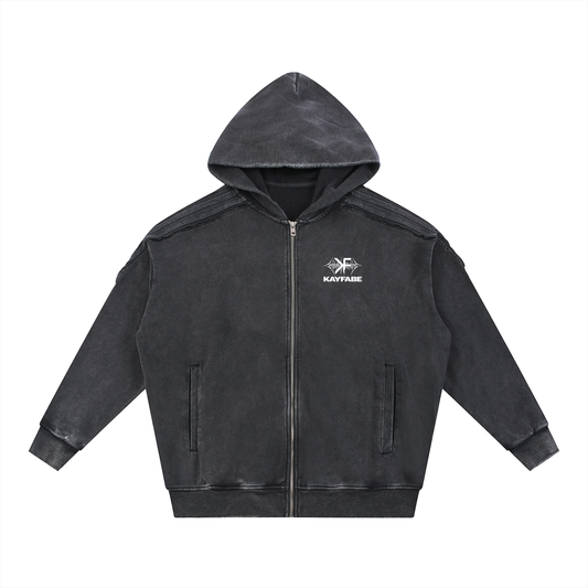 Snow Washed Tape Raw Edge Zip Hoodie